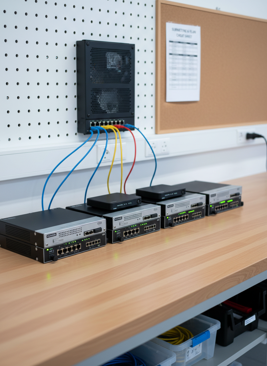 An educational lab bench dedicated to network hardware for ASIR, featuring a row of compact routers and managed switches stacked on a sturdy light-wood surface. Front panels display clearly legible port labels, console ports, and activity LEDs, with several Ethernet cables forming clean, intentional arcs toward a patch panel mounted on the wall. A laminated subnetting and VLAN reference sheet is tacked to a corkboard in the softly blurred background. The scene is lit by balanced, neutral overhead fluorescent light, giving a crisp, clinical sharpness to every port and connector. Photographic realism, slightly elevated angle using the rule of thirds, communicates an orderly, professional environment designed for hands-on hardware configuration practice.