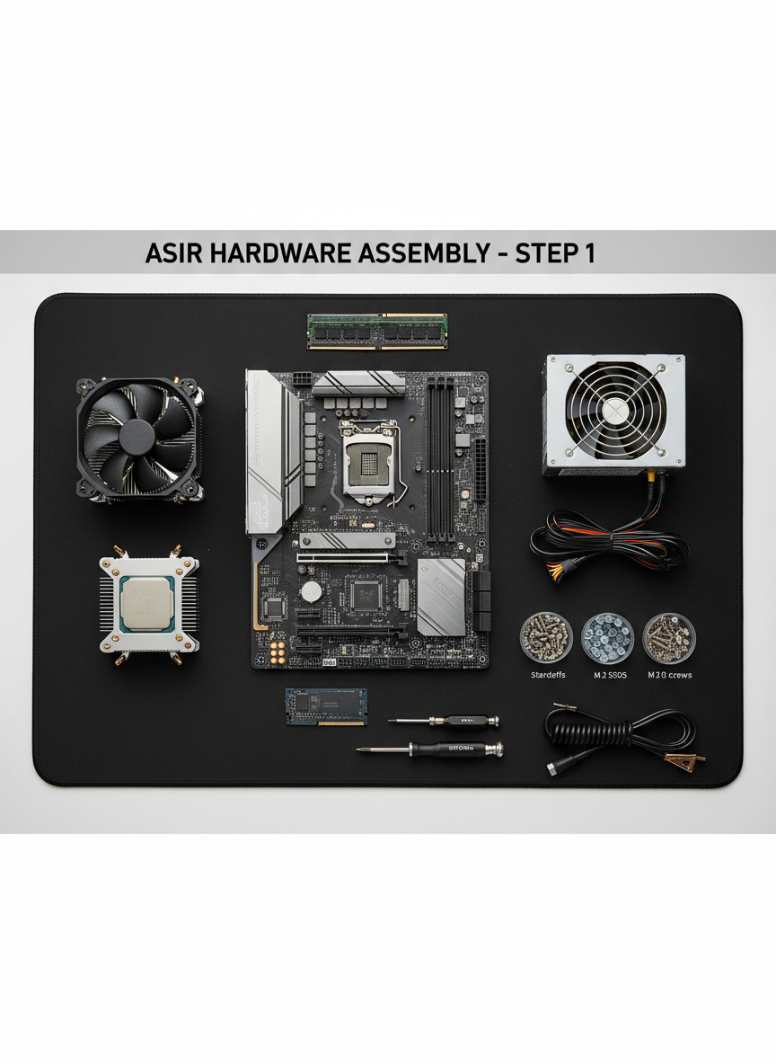 A high-resolution, overhead photographic shot of disassembled computer hardware meticulously laid out on a matte black anti-static mat. Components include a modern ATX motherboard with visible chipset heatsink, VRM stages and labeled ports, a CPU with exposed pins beside a clean metal heatsink, RAM sticks, an SSD, power supply, and neatly grouped screws in small containers. A precision screwdriver set and an anti-static wrist strap rest at the edge of the mat. Neutral, diffused lighting from a large softbox above eliminates harsh shadows, emphasizing fine details in traces and connectors. The composition follows a grid-like arrangement, sharp focus across the entire frame, creating a methodical, instructional, and highly professional mood suited for ASIR hardware assembly tutorials.
