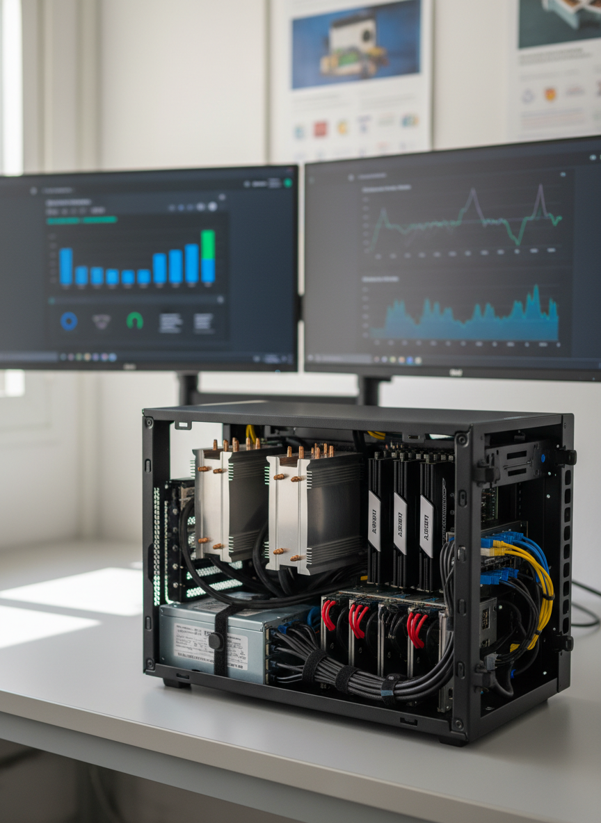 A neatly organized ASIR hardware workspace featuring an open mid-tower server case on a clean, light gray desk. The black metal chassis reveals a carefully routed modular power supply, gleaming heat sinks, RAM modules with subtle metallic accents, and labeled SATA and network cables. Behind it, a dual-monitor setup displays a minimalist hardware monitoring dashboard with clear graphs and metrics. Soft, diffused daylight from an unseen window washes over the scene, creating gentle reflections on metal surfaces and a calm, professional mood. Photographic realism, eye-level composition with slight angle, sharp focus on the open case and a lightly blurred background for depth, conveying a modern, efficient learning environment for hardware projects.