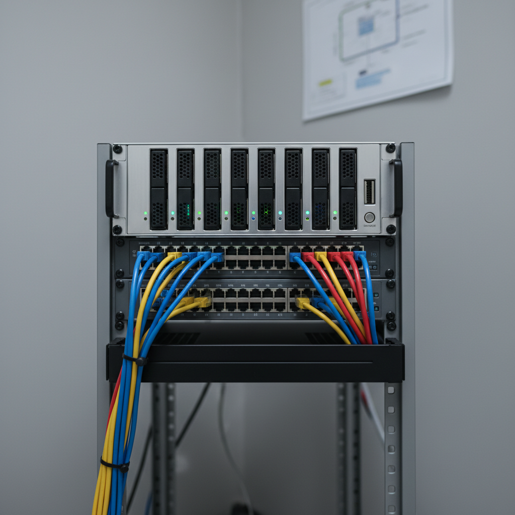 A close-up, photographic view of a rack-mounted server in a small lab rack, its brushed metal front panels studded with neatly aligned drive bays, status LEDs glowing soft green and blue. Adjacent switches show clearly labeled gigabit Ethernet ports with color-coded patch cables routed with disciplined curves into a horizontal cable manager. The environment is a compact, well-lit server corner with a neutral gray wall and a faintly visible network diagram pinned in the background. Cool, even artificial lighting from overhead panels casts crisp, controlled shadows and highlights precise textures in the metal and plastic. Shot straight-on with moderate depth of field for technical clarity, evoking a professional, ordered, educational hardware lab atmosphere.