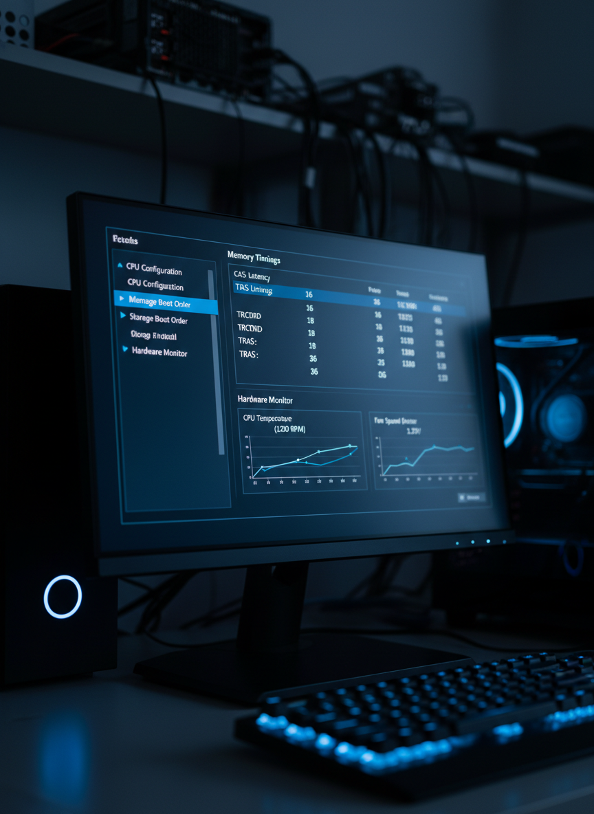 A detailed close-up of a motherboard BIOS/UEFI configuration screen displayed on a sleek, matte-finish monitor in a hardware lab setting. The on-screen interface shows clear sections for CPU configuration, memory timings, storage boot order, and hardware monitoring, with graphs and numeric readouts rendered sharply. In the foreground, slightly out of focus, the edge of a mechanical keyboard and a powered-on desktop tower with a subtle power LED are visible. The room is dimmed, illuminated mainly by the cool, bluish light of the screen, creating soft reflections on the monitor bezel and a focused, technical atmosphere. Shot at eye level with a shallow depth of field, emphasizing the BIOS interface as the central subject for ASIR hardware configuration learning.